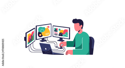 A Person Working With Multiple Screens Displaying Colorful Graphics, Black Background