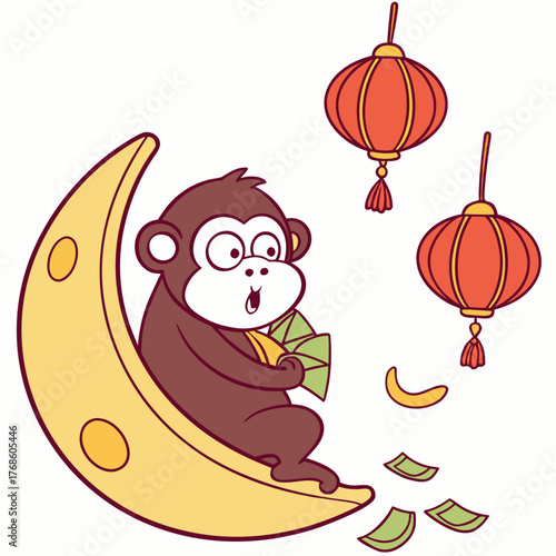An adorable Gorilla with a Surprised vibe, sitting on a moon, and a Year of the Dragon (or relevant animal) Lunar New Year / Chinese New Year theme – SVG style