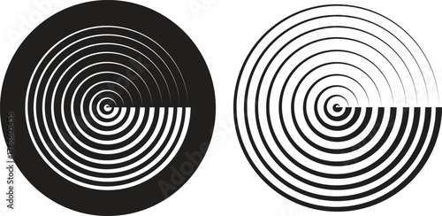 Black circular spiral abstract shape set, optical line art collection, geometric concentric circle group, hypnotic vortex round pattern, minimal flat vector design element bundle