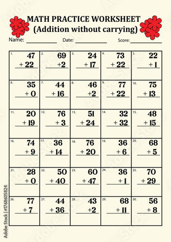 First Grade Math Addition Practice Worksheet - Simple Sums