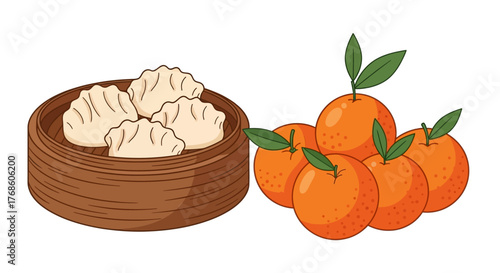 dimsum and orange Vector art style, Flat design illustration, clean outline, plain white background