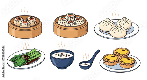 Set of 6, dimsum, hot, Vector art style, Flat design illustration, clean outline, plain white background