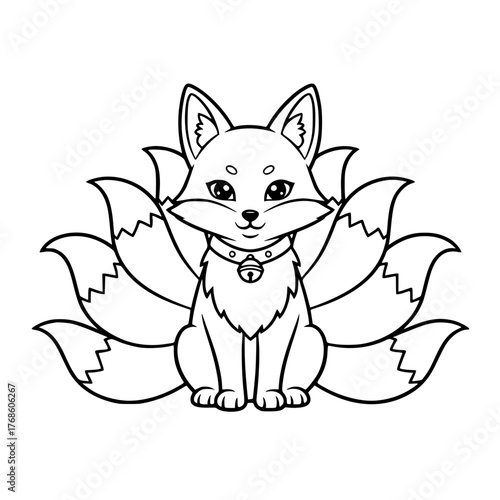 Kitsune with fluffy tails and bell collar, simple Japanese fox coloring page for toddlers Generative AI