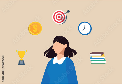 Flat illustration of woman imagining future goals and life aspirations with time money ideas education skills and success career planning ambition and employee personal development