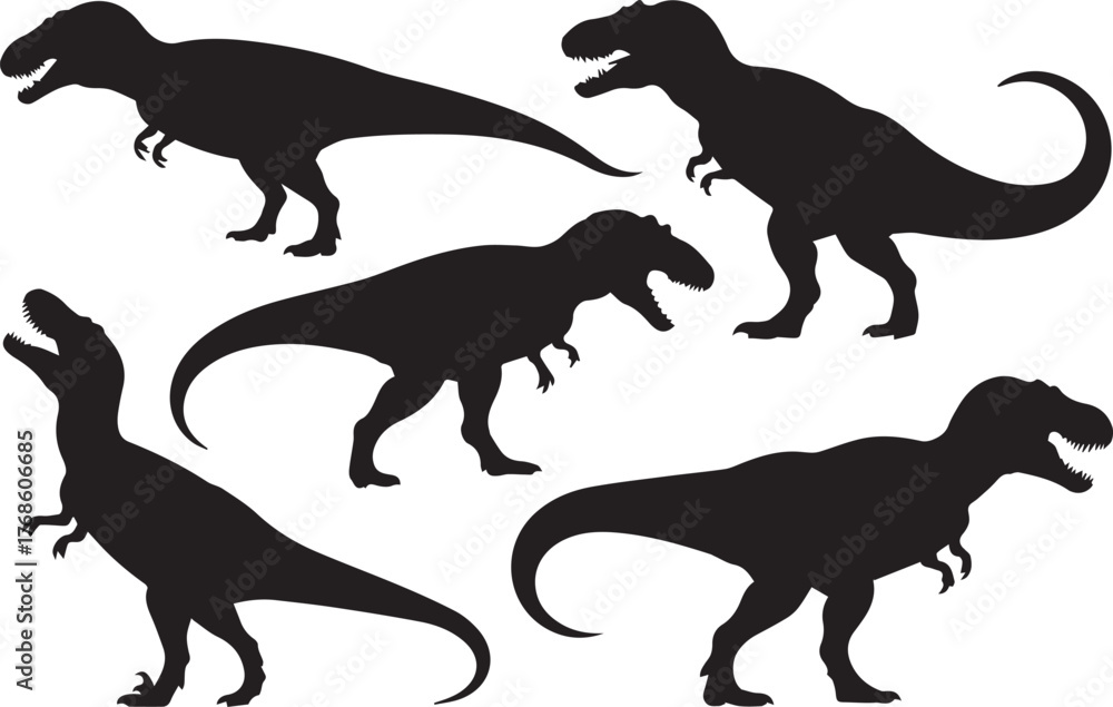 Naklejka premium trex tyrannosaurus silhouette set in six poses vector illustration for education design ai eps jpeg png
