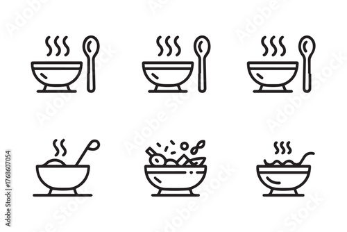 steaming soup and salad bowl icon collection vector lineart for menu design restaurant ui