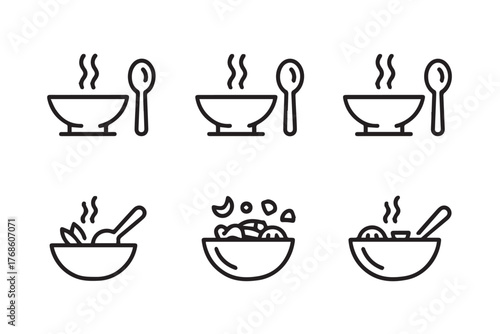 set of bowl food icons steaming soup salad ladle spoon minimalist vector illustrations