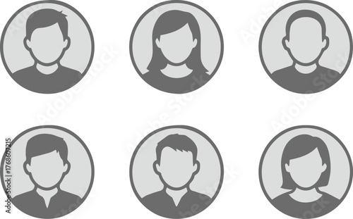 modern grayscale avatar icons set for team profiles user interface vector portraits in circular frames for corporate and social use