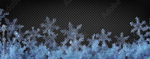 Vector snowflake border isolated on transparent background. Concept of winter decoration, Christmas and New Year holidays.