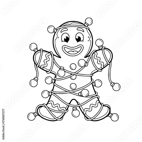 Cheerful gingerbread character tangled in Christmas lights, simple holiday coloring page for toddlers Generative AI