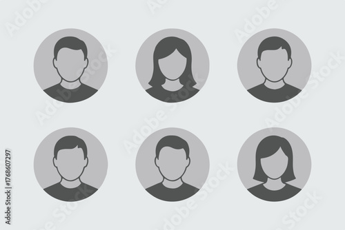 clean vector avatar collection grayscale profile icons circular frames simple professional and casual portraits for websites