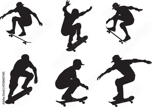 skateboarder silhouette vector set six dynamic poses performing aerial tricks and jumps