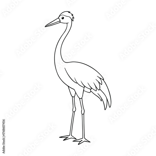 A graceful crane bird coloring page featuring the elegant long-necked bird standing in shallow water, perfect for kids to color and explore nature’s beauty and calmness.
