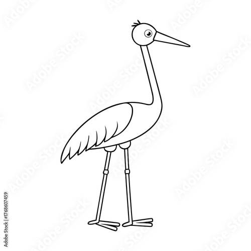 A graceful crane bird coloring page featuring the elegant long-necked bird standing in shallow water, perfect for kids to color and explore nature’s beauty and calmness.
