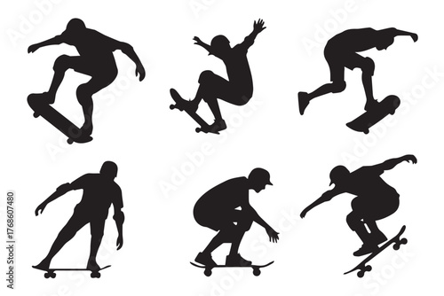 set of skateboarder silhouette icons dynamic skateboarding tricks aerial ollie kickflip poses