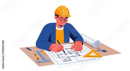Architect Working on a Design Blueprint for a New Construction Project