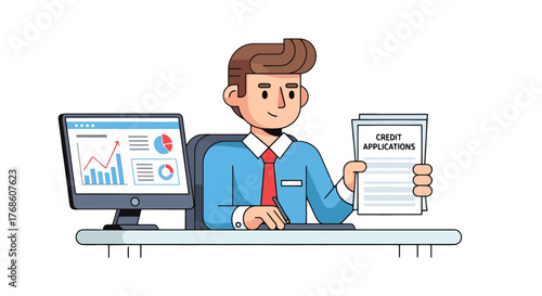 Business Analyst Working On Credit Applications With Data Analysis And Financial Reports