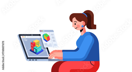 Architectural Design Process Illustrated: Woman Using Laptop Displaying 3D Building Models