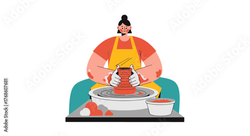 Artisan Creates Pottery on Wheel, Crafting a Traditional Ceramic Vessel With Skill