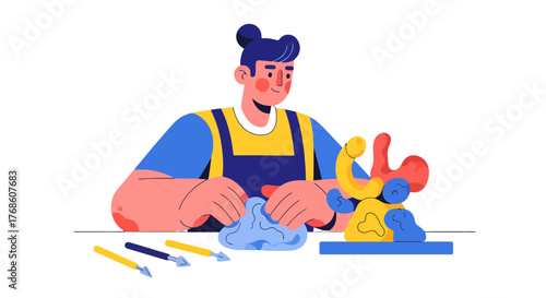 Artisan Creating Ceramic Sculpture on a Dark Surface in a Creative Illustration