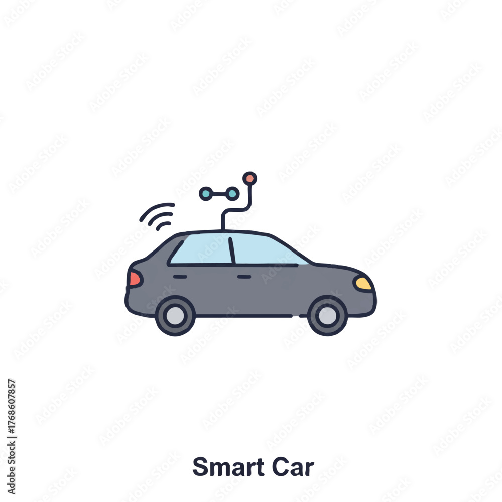 Fototapeta premium Smart car technology vector illustration, depicted as a minimalistic 2D flat icon showing an autonomous vehicle connected to digital driving systems on a pure white background.