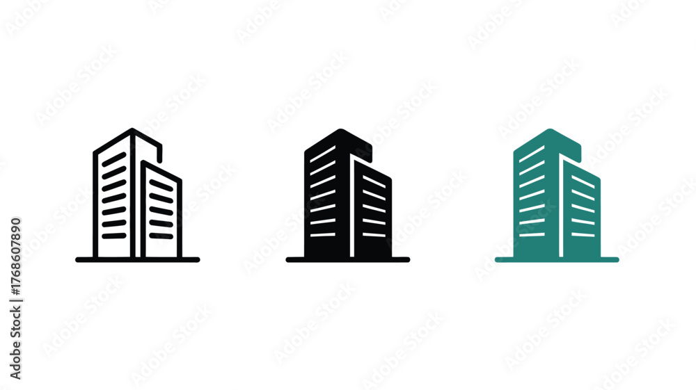 Fototapeta premium Three stylized icons depict modern office buildings in different graphic styles.