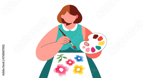 Artistic Creation Depicting Floral Watercolor Painting With Brush, Palette, and Female Artist