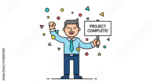 Business Employee Celebrates Project Completion With Cheerful Expression And A Sign