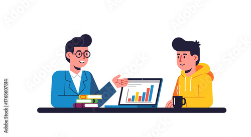 Business Discussion with Graphs Displayed on Laptop, Two Individuals Present