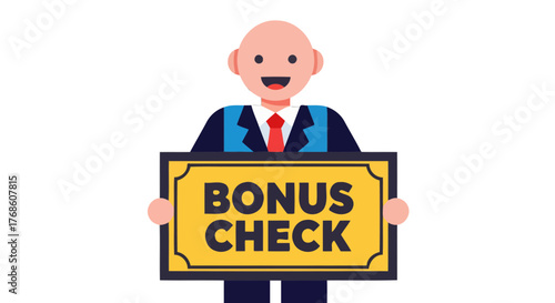 Business Employee Holding Bonus Check, Financial Reward Illustration Against Black Background