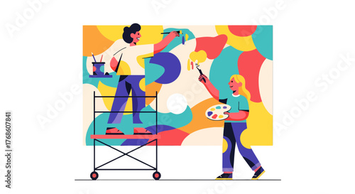 Artists Collaborating, Painting a Mural, Creative Process, Design and Colorful Artwork