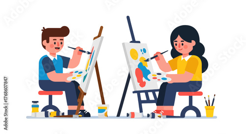 Artists Painting Creative Artwork with Brushes and Palettes On Canvas In Studio Environment