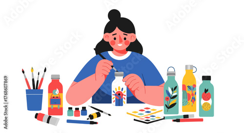 Artistic Woman Adorning Bottles With Paint, Crafting Colorful Designs, Creative Expression.