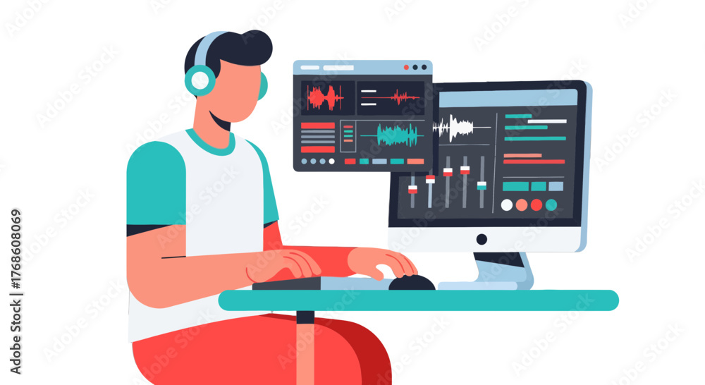 Fototapeta premium Audio Engineer Crafting Masterpieces With Digital Audio Workstation And Professional Headphones