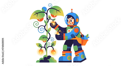 Astronaut Planting And Harvesting Exotic Fruits On An Alien Planet With Style