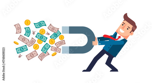 Business Person Attracts Funds With a Magnet Displaying Financial Success and Growth