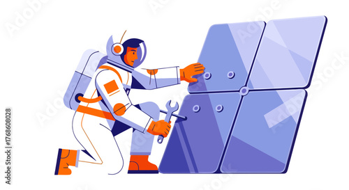 Astronaut Repairing Solar Panel Array In Space With a Wrench On Black Background