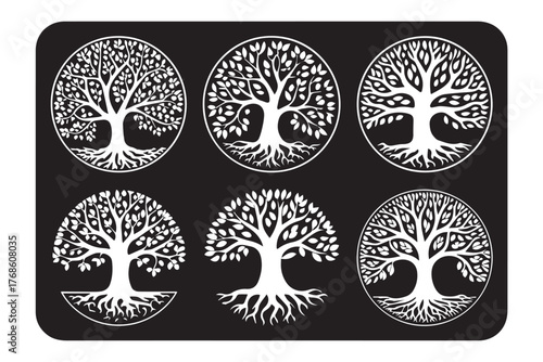 ornamental tree emblems vector pack white tree silhouettes in circular frames on black background