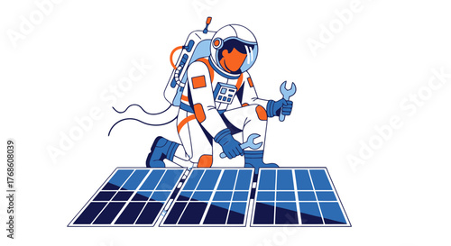 Astronaut Working On Solar Panels With Dark Background Is An Illustration Design