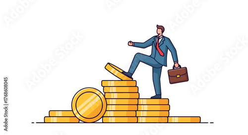 Business Person Climbing Steps Constructed of Gold Coins on Black Background