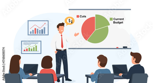Business Presentation Depicting Financial Cuts And Current Budget With a Team Watching