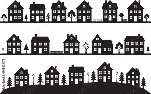 houses silhouette row of varied residential facades with trees and streetlamps vector illustration