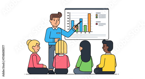 Business Presentation Depicting Data Analysis And Team Collaboration With Diverse Members