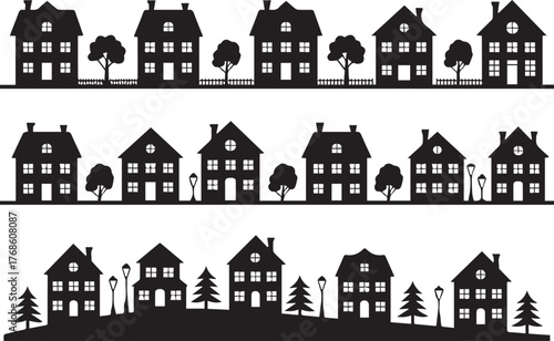 minimal neighborhood skyline rowhouses on a gentle hill houses and trees black silhouette vector