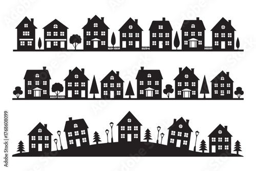 Wallpaper Mural collection of suburban house silhouettes with trees fences chimneys and lamps seamless vector art Torontodigital.ca