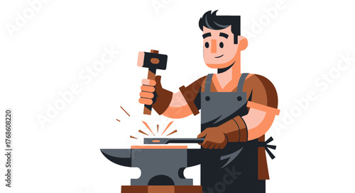 Blacksmith Crafts Metal on Anvil with a Hammer in Vector Illustration Style