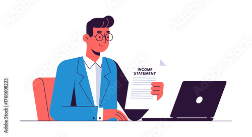 Business Professional Reviews Income Statement on Laptop for Financial Analysis and Planning