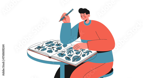 Botanical Illustration: A Person Sketching Plants in a Notebook on a Black Background