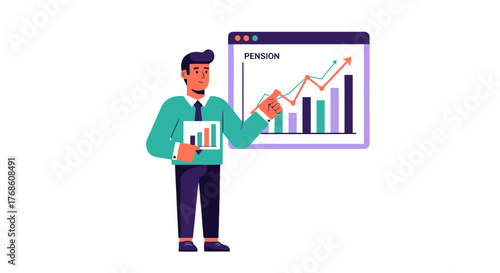Business Analyst Presenting Financial Growth and Pension Plan on Digital Display
