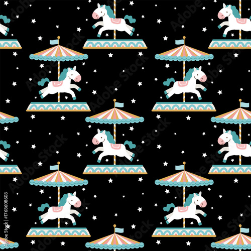 Seamless pattern with carousel horses. Kids pattern with horses and stars